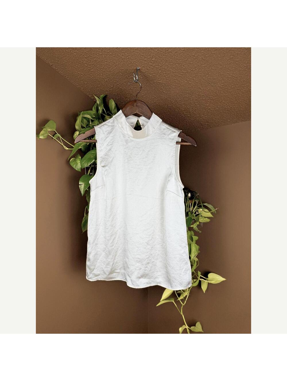Express Ivory Satin Mock Neck Sleeveless Keyhole Blouse XS
